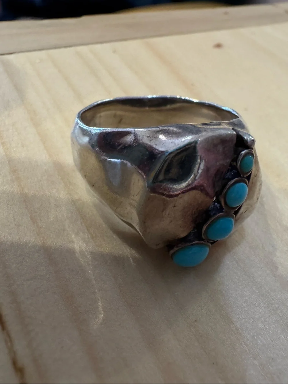 Unique Sterling and turquoise modern statement ring size nine. Stamped by artist